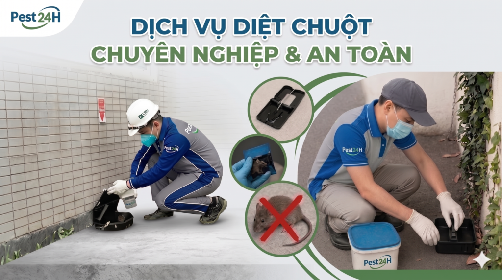Kỹ thuật viên Diệt Mối 24H đặt trạm bả chuột tại công trình