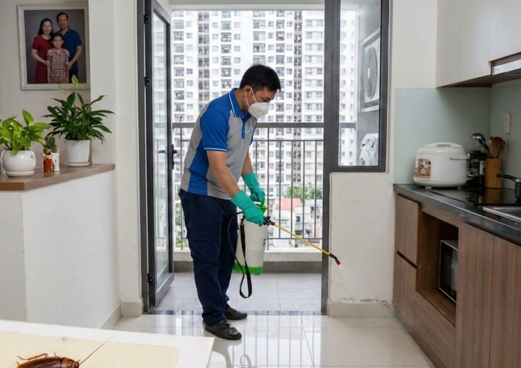 Kỹ thuật viên Diệt Mối 24H xử lý gián trong khu bếp